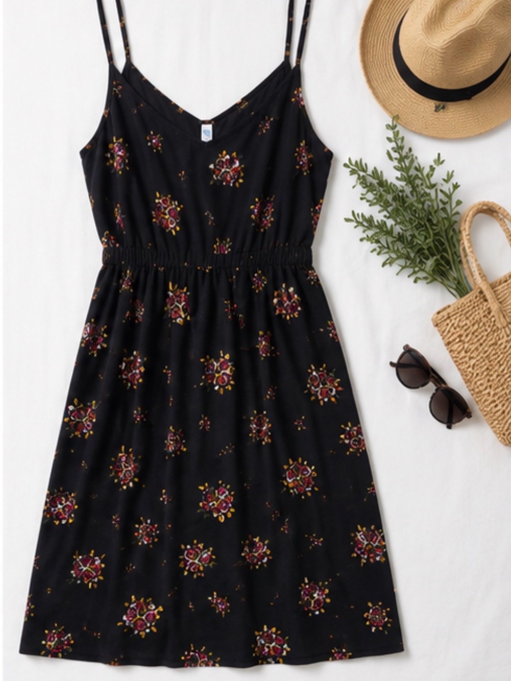 Women’s Black Floral Spaghetti-Strap Mini Dress, like new, size medium